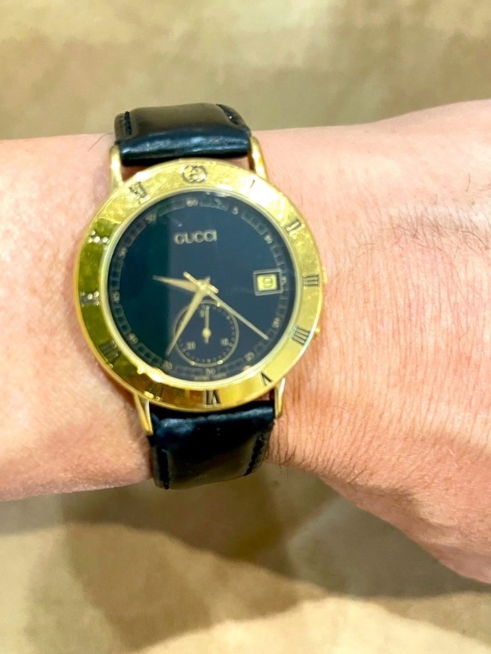 Gucci Black Dial Gold Bezel Leather Strap Watch
